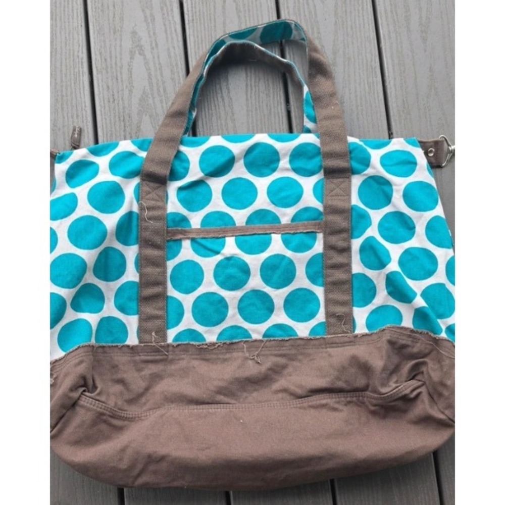 Thirty-One Canvas Tote Bag Womens Large Teal Polka Dot Brown Trim Zip Top - Picture 4 of 10